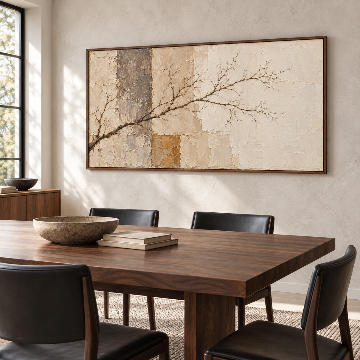 Large horizontal branching artwork on a light stone dining room wall, seen from the left past a dark wood table and sculptural chairs in clear daylight.
