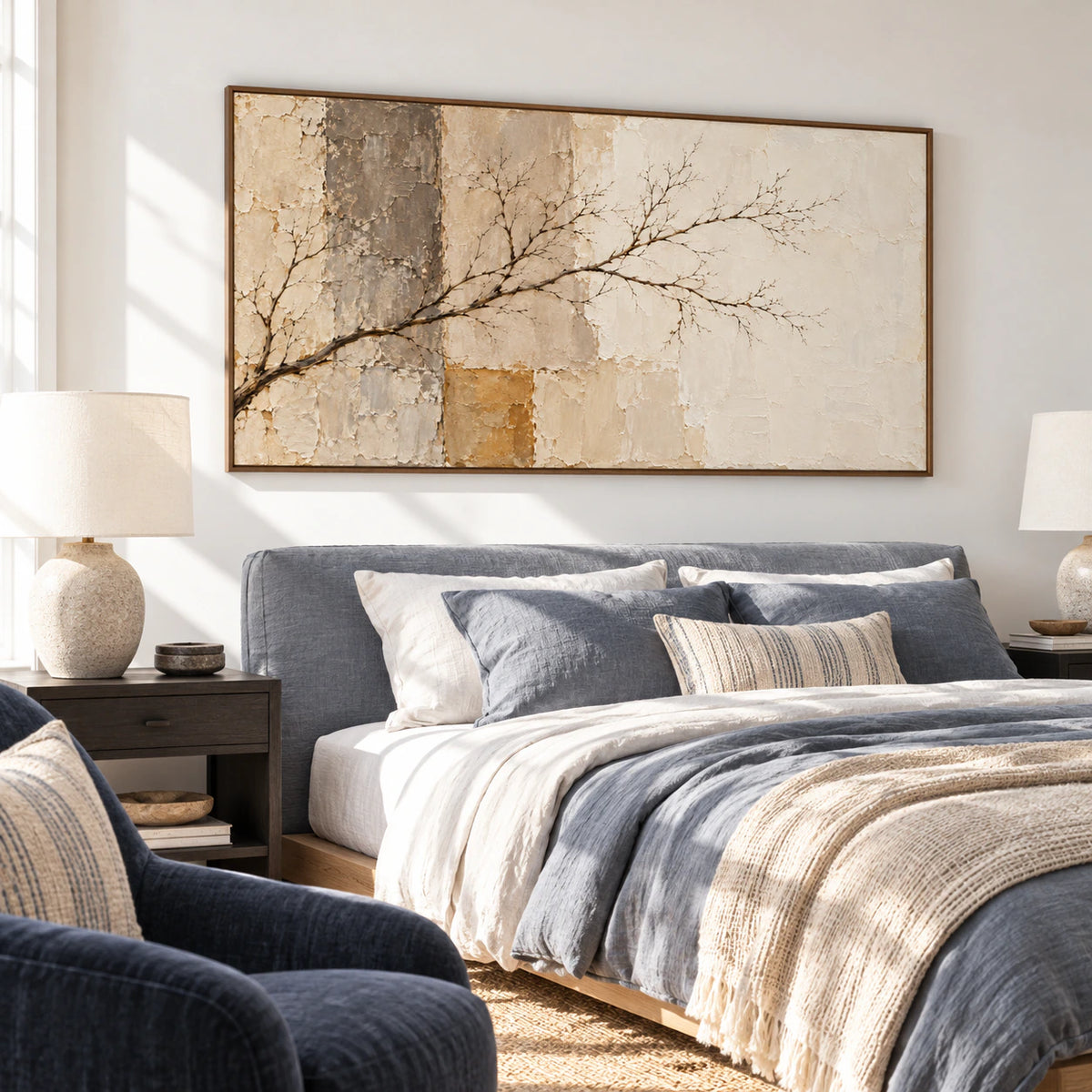Large horizontal branching artwork above a low upholstered bed in a quiet bright bedroom with restrained linen bedding and soft natural light.