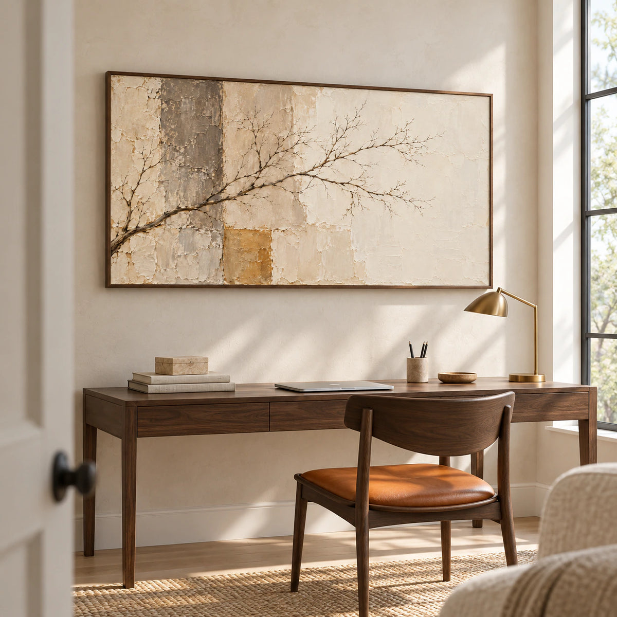 Large horizontal branching artwork above a slim desk in an airy home office with a dark chair, pale walls and open daylight.