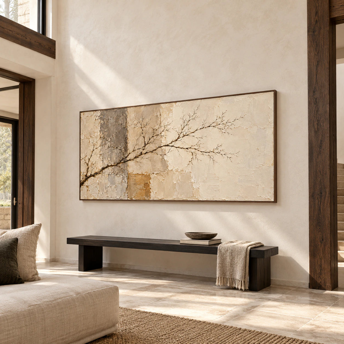 Large horizontal branching artwork commanding a high foyer wall above a simple bench, with stone flooring and bright daylight from a clerestory.