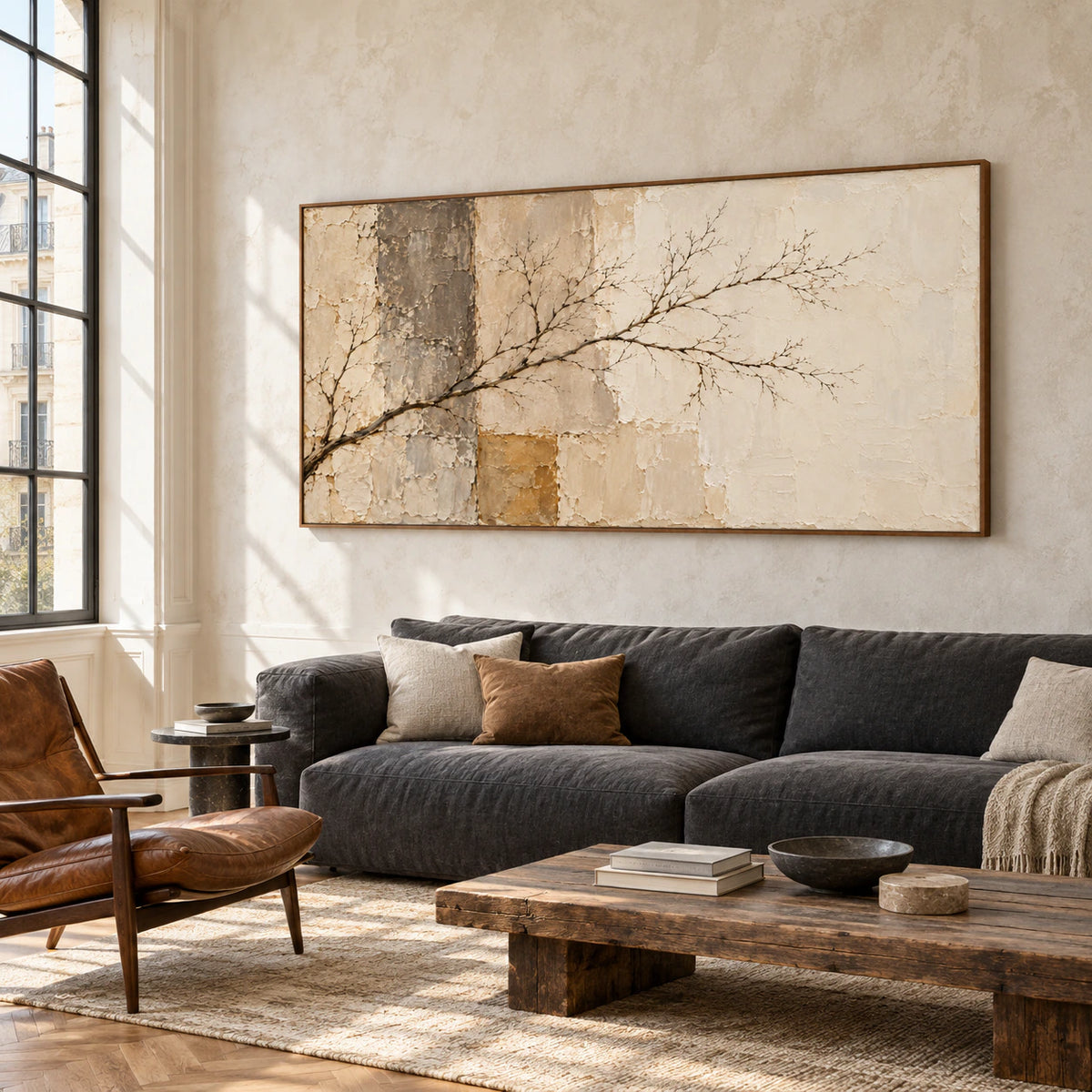 Large horizontal branching artwork on a broad loft wall, viewed past a generous seating area with dark furnishings and high windows.
