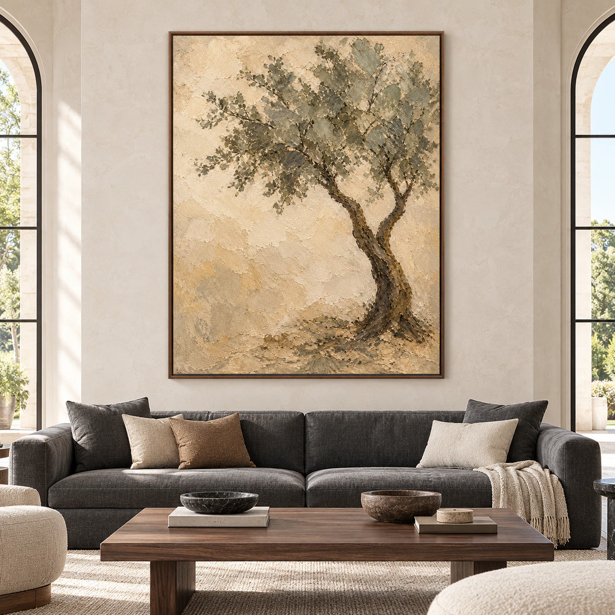 Large vertical tree painting viewed straight-on in a bright living space with light stone, charcoal, and natural wood furnishings.