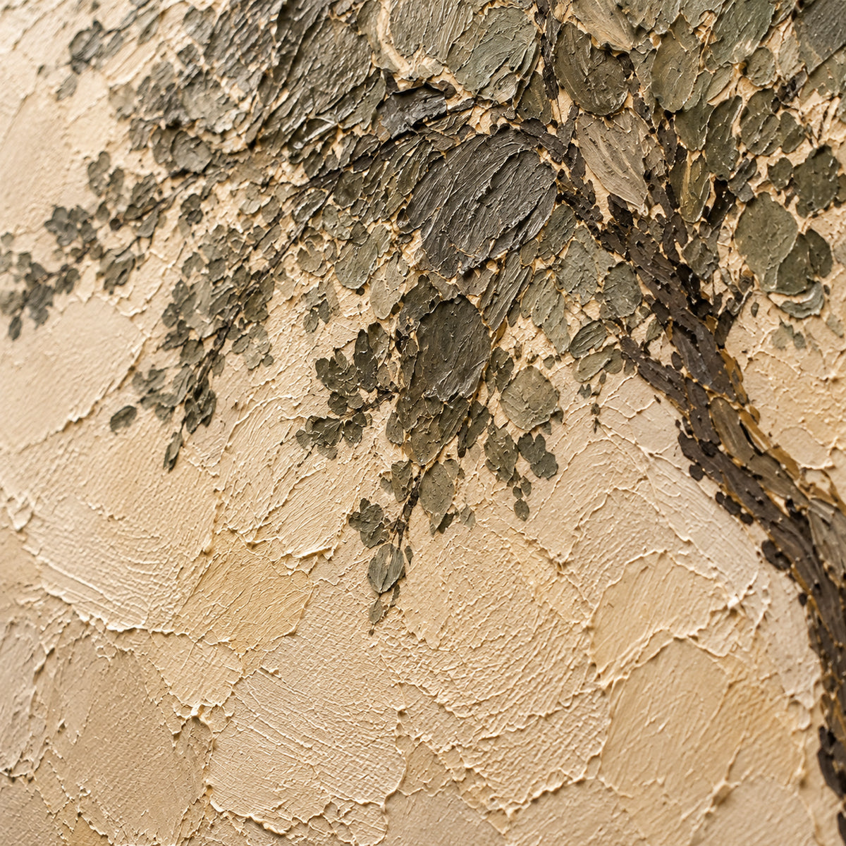 Close oblique detail of the tree oil painting, with grazing light revealing raised paint, brushstrokes, and surface texture.