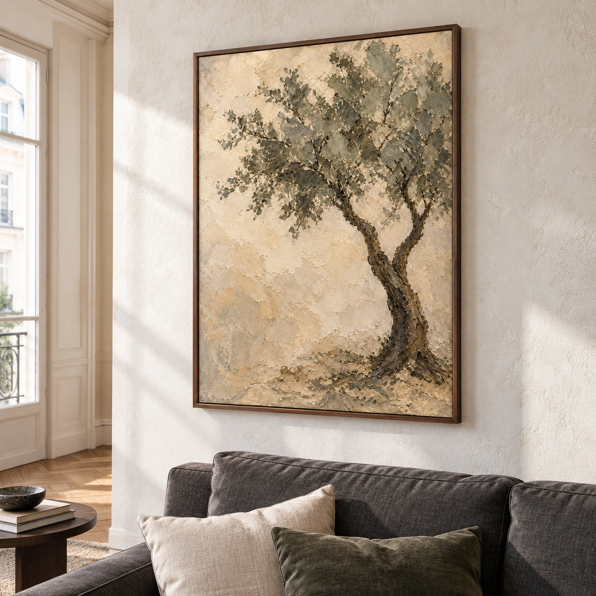 Large tree painting above a charcoal sofa, viewed from a slight left angle in a bright living room with pale stone walls and a dark wood side table.