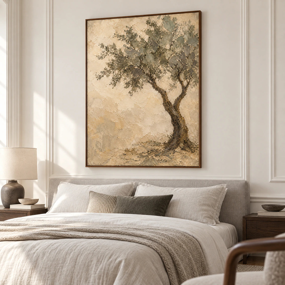 Textured tree painting above an upholstered bed in soft natural daylight, viewed from a low right angle with pale gray bedding and a dark timber nightstand.