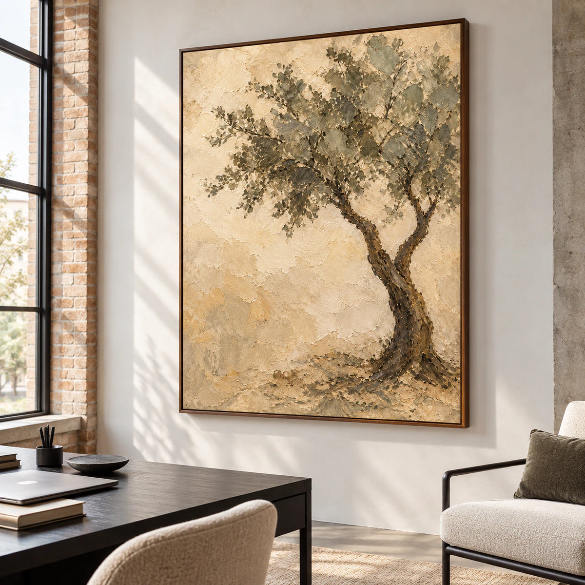 Large tree painting in a bright home office with a black desk and steel-frame reading chair, viewed from the left at standing height.