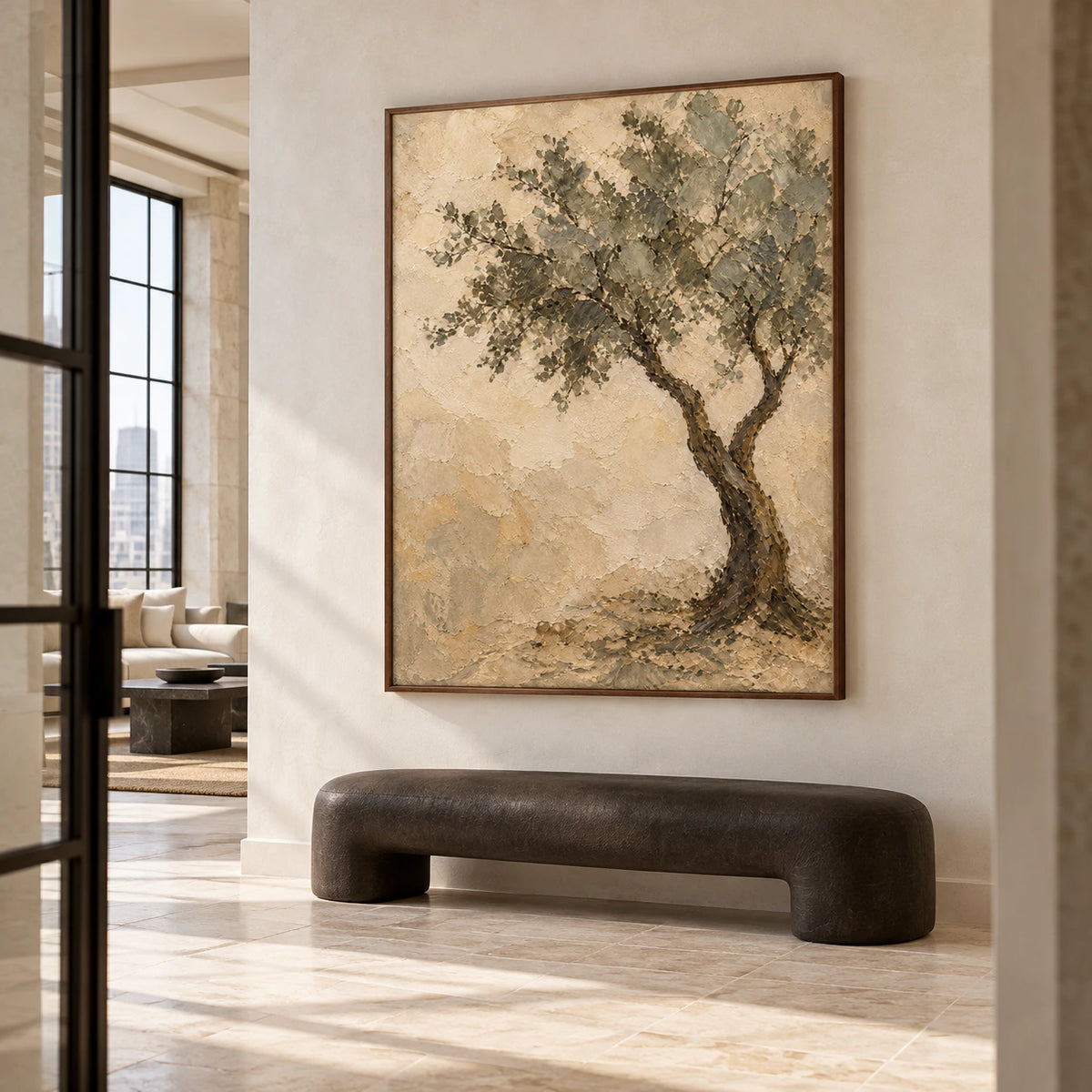 Large vertical tree painting displayed at eye level in a spacious foyer with pale limestone architecture and a dark bench, viewed slightly from below and the left.