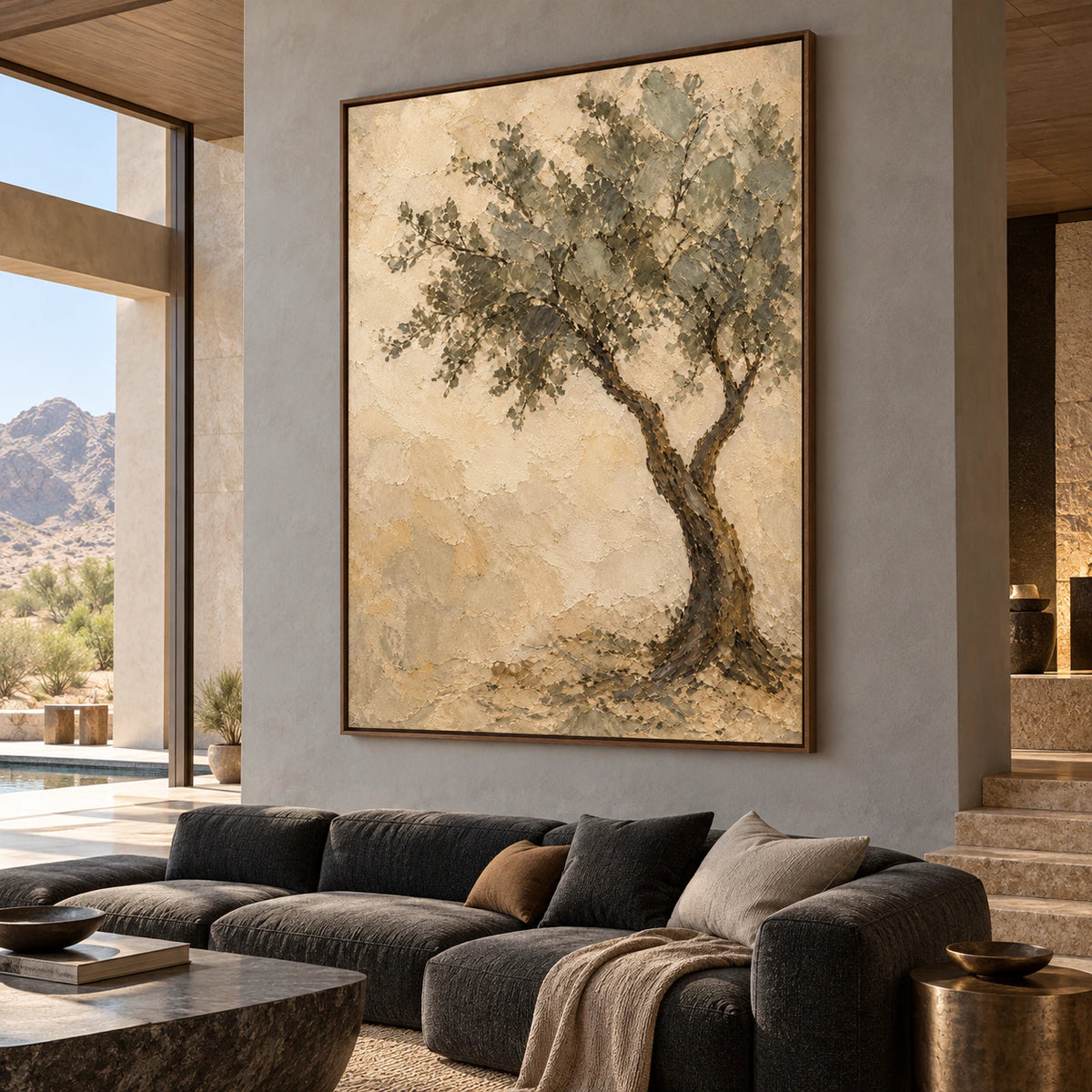 Vertical tree painting on a tall cool-gray wall in an expansive loft interior with dark sculptural seating and metal details, viewed from an elevated right angle.