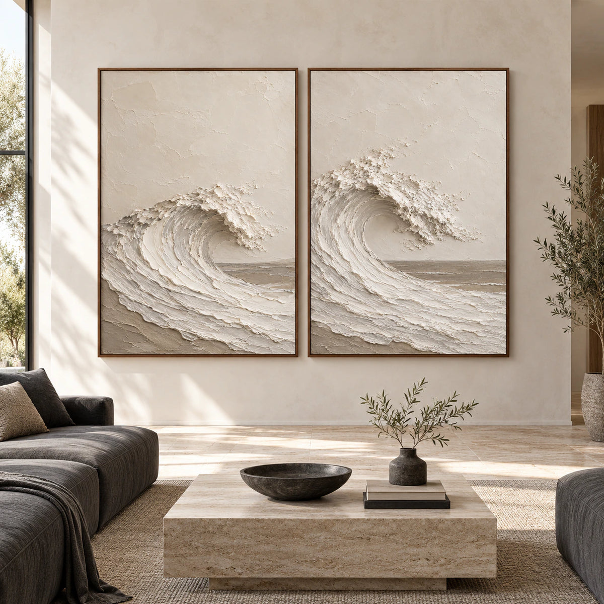 Large straight-on architectural interior with the Breakers-Quiet two-canvas diptych in slim walnut frames.