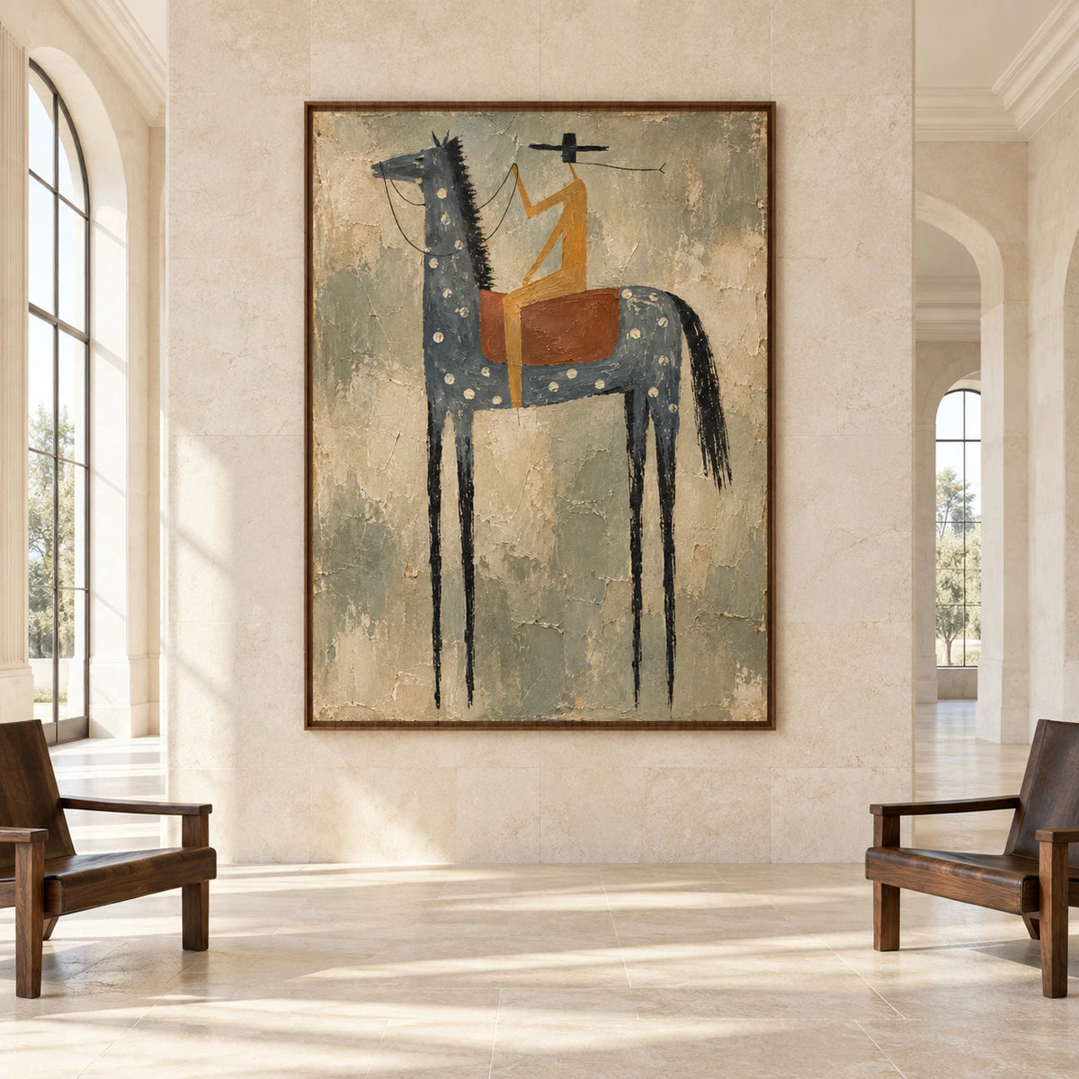 Large vertical horse-and-rider painting displayed straight-on in a bright, spacious architectural living room.