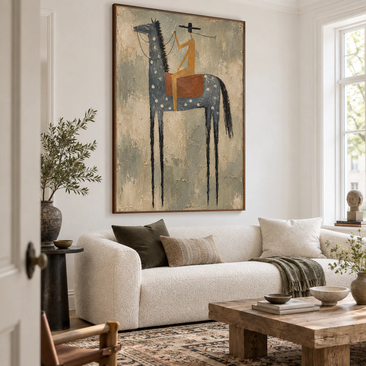 Vertical horse-and-rider painting above a neutral sofa in a bright living room.