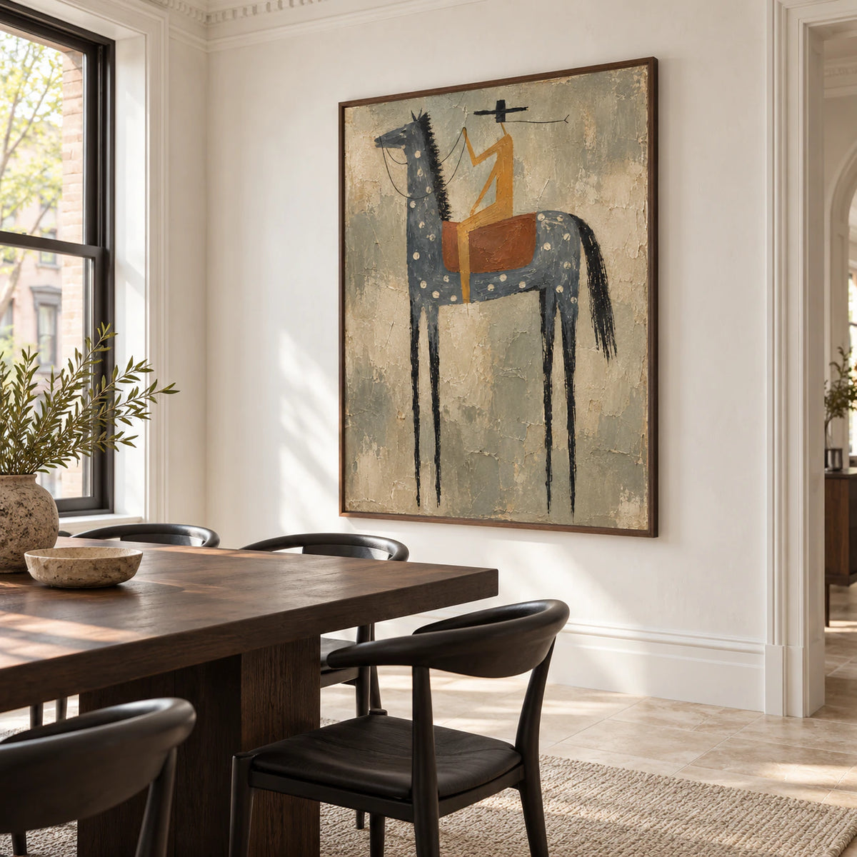 Vertical figurative painting in a refined daylight dining room.