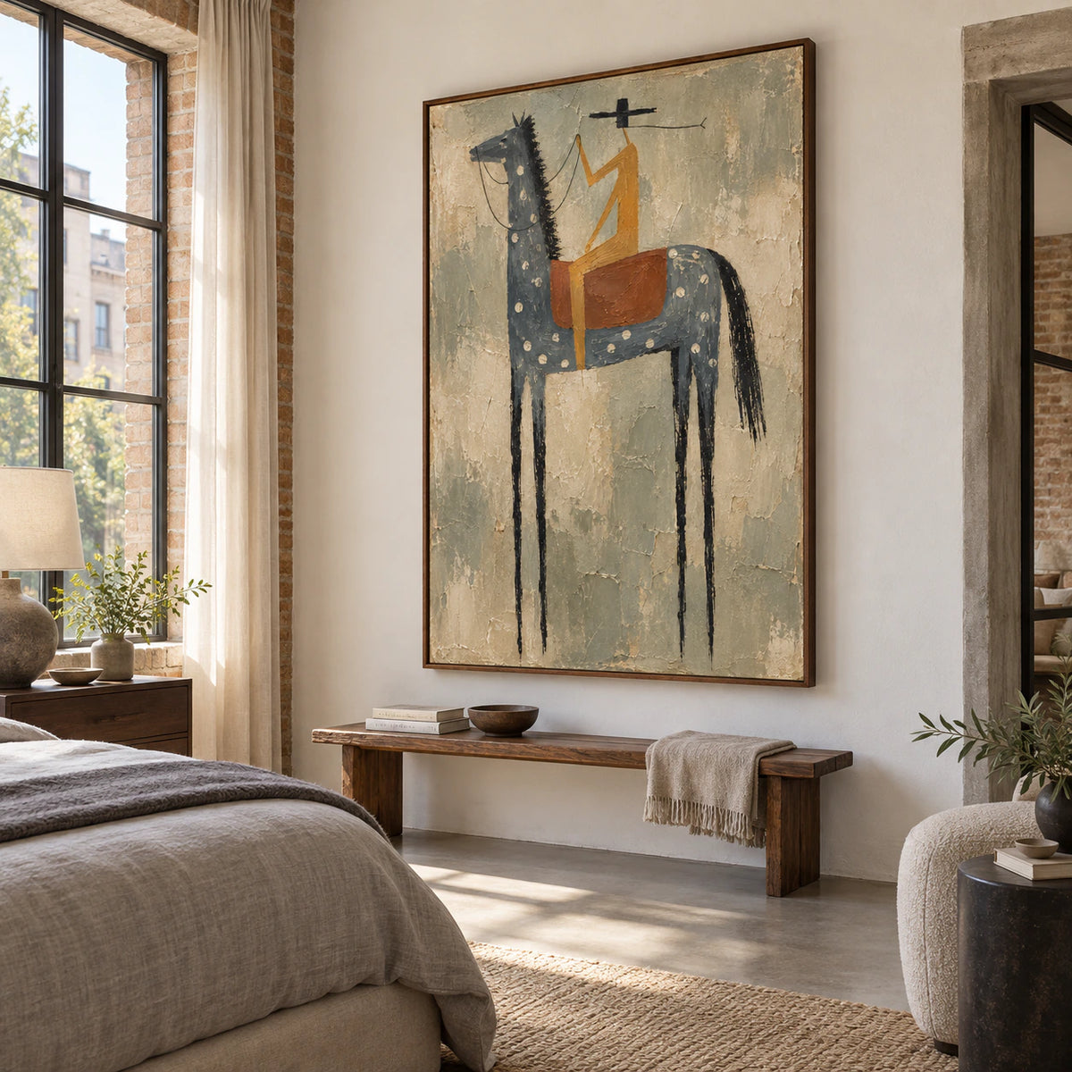 Vertical horse-and-rider painting as the focal point of a quiet, light-filled bedroom.