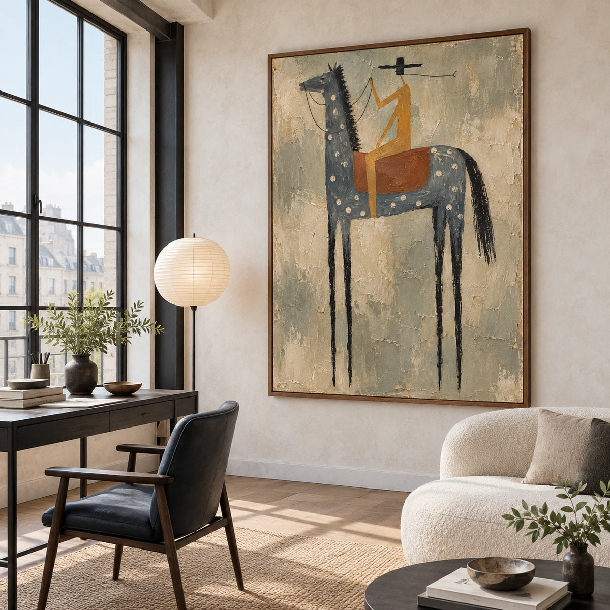 Vertical textured figurative painting in an airy home office reading space.