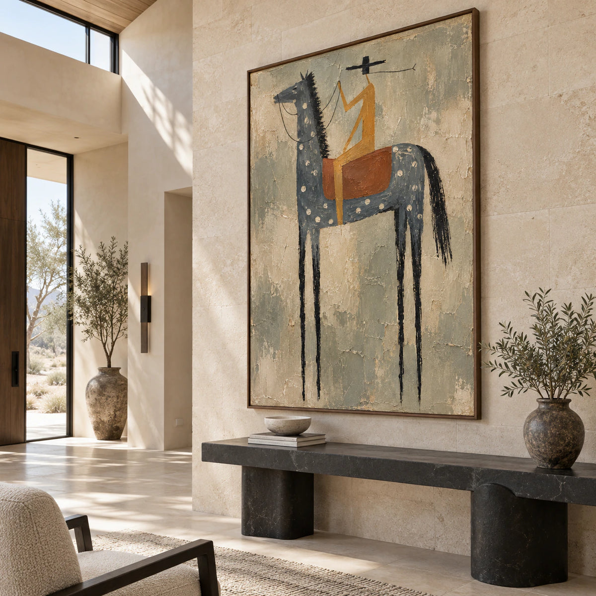 Large vertical horse-and-rider painting in a gallery-scale foyer.