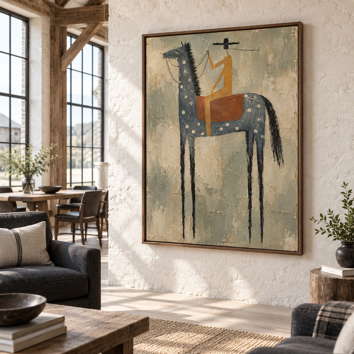 Large textured figurative painting featured in an expansive daylight loft interior.