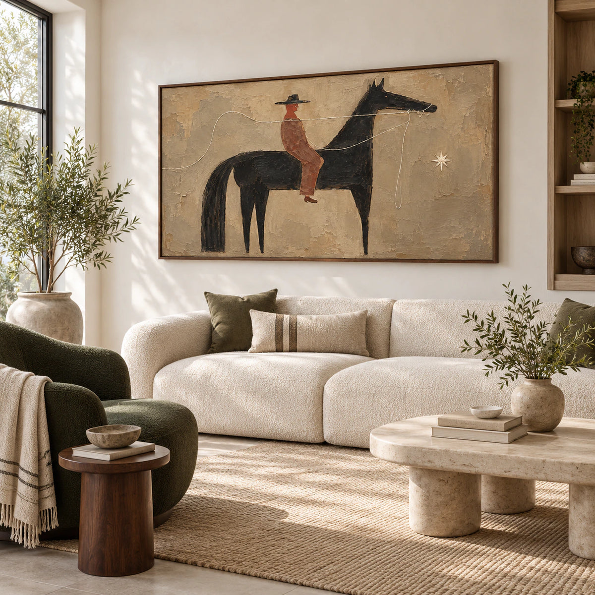 Bridle-Nocturne above a sculptural sofa in a bright, naturally lit living room.