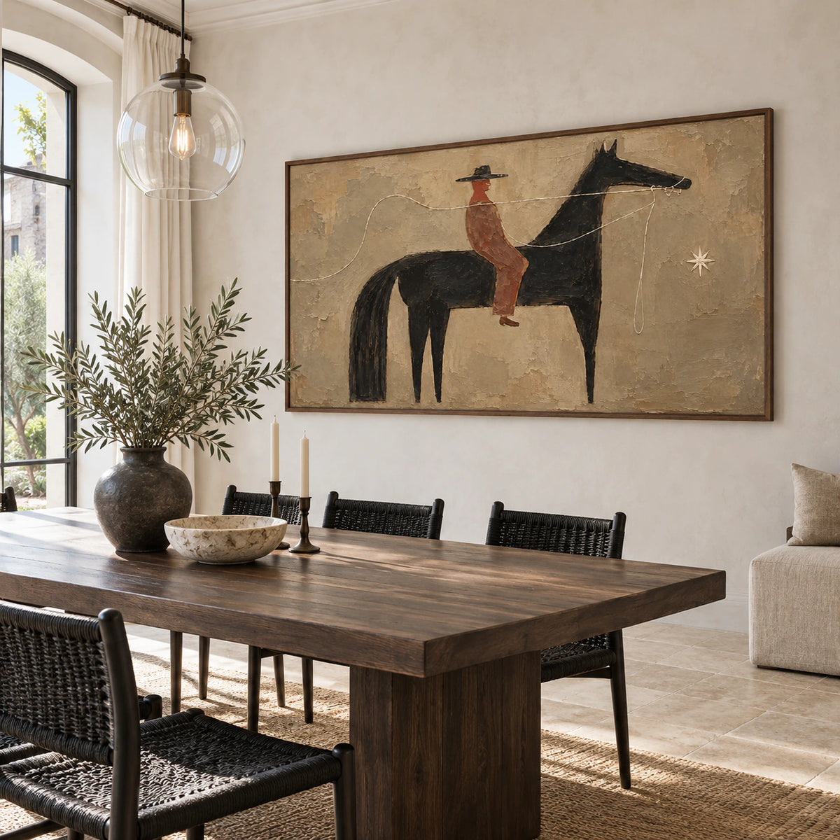Bridle-Nocturne as the focal artwork in a refined dining room with daylight and restrained furnishings.