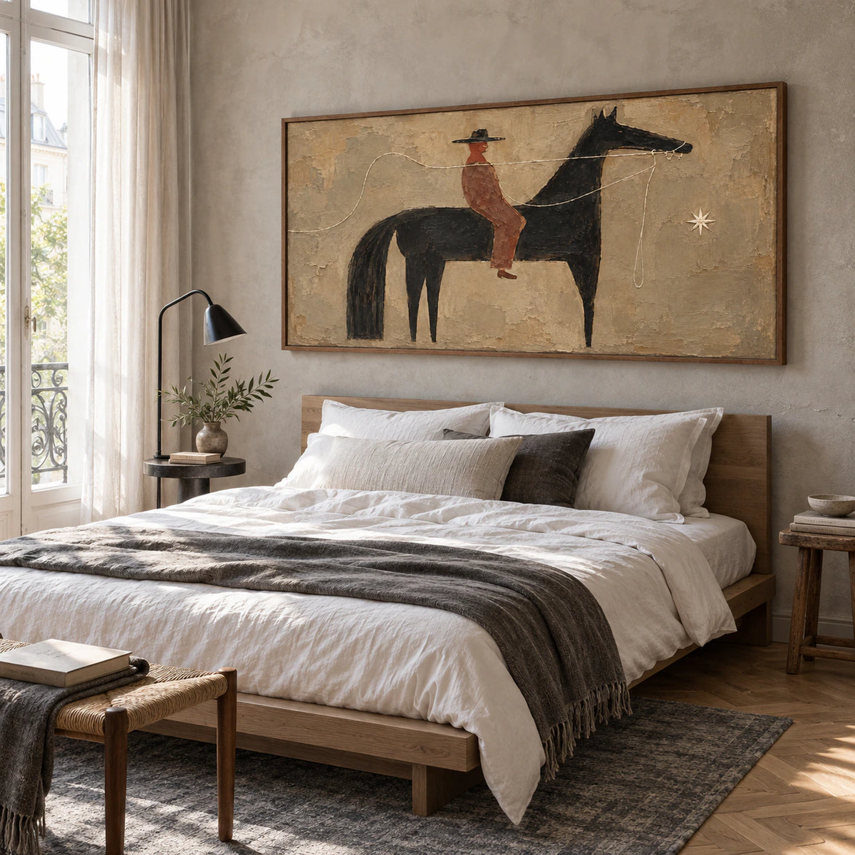 Bridle-Nocturne displayed above a low bed in a quiet, softly daylit bedroom.