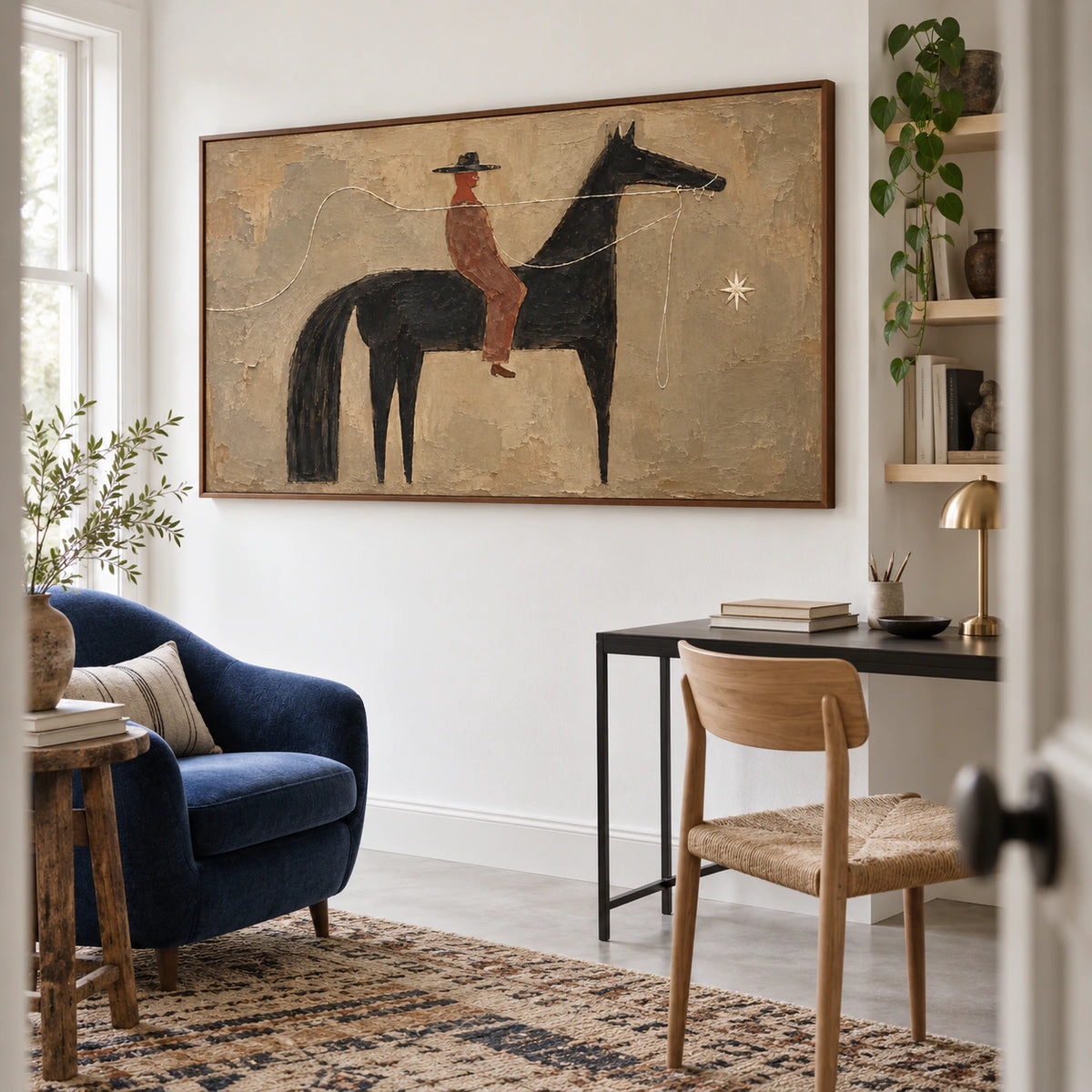 Bridle-Nocturne anchoring an airy home office and reading space in natural light.