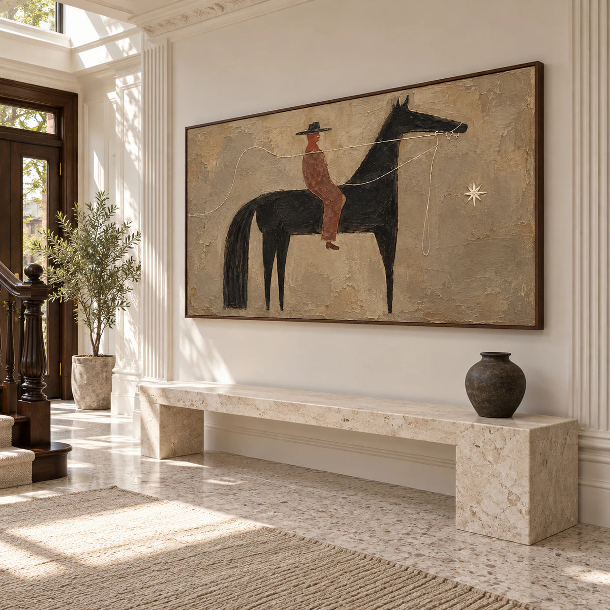 Bridle-Nocturne at gallery scale in a bright, spacious foyer.