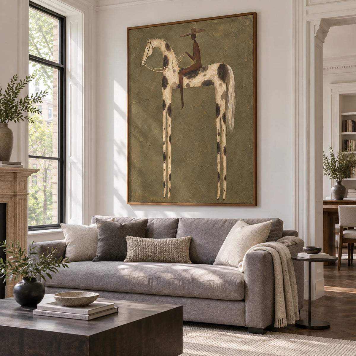 Bright living room with Bridle-Reverie as the dominant vertical artwork.