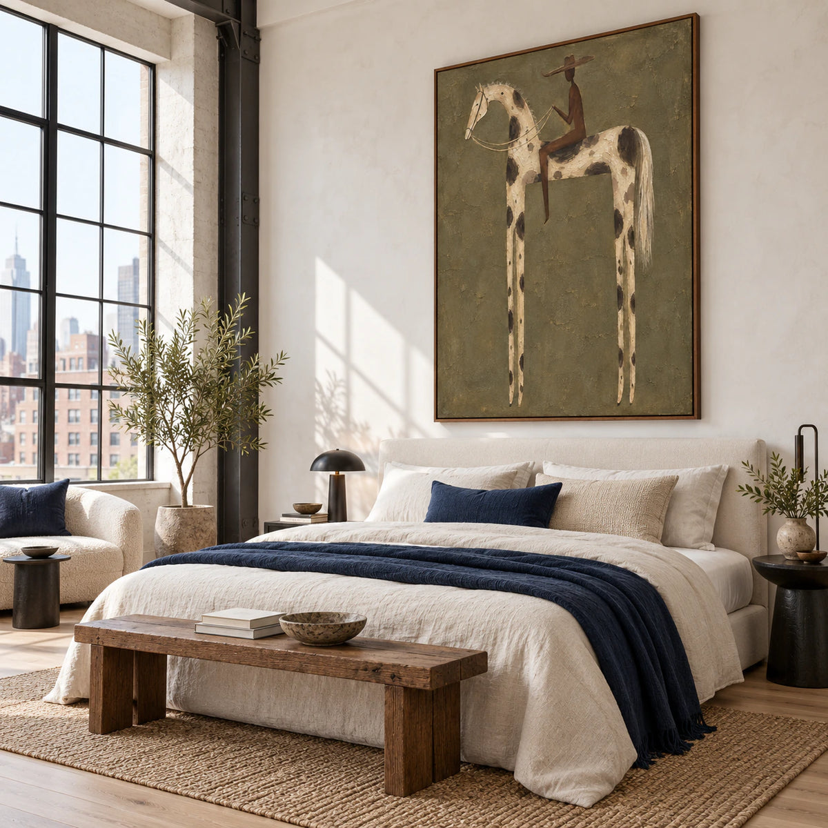 Quiet bedroom with Bridle-Reverie as the focal artwork.