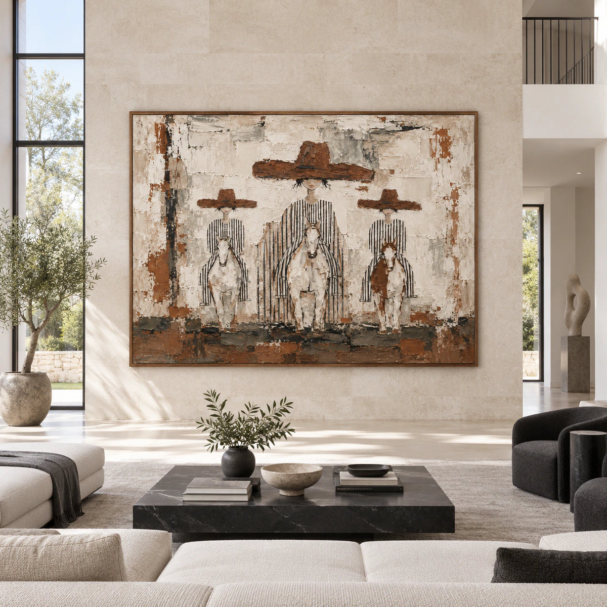 Large textured riders and horses painting shown straight-on in a spacious daylight-filled architectural living room.