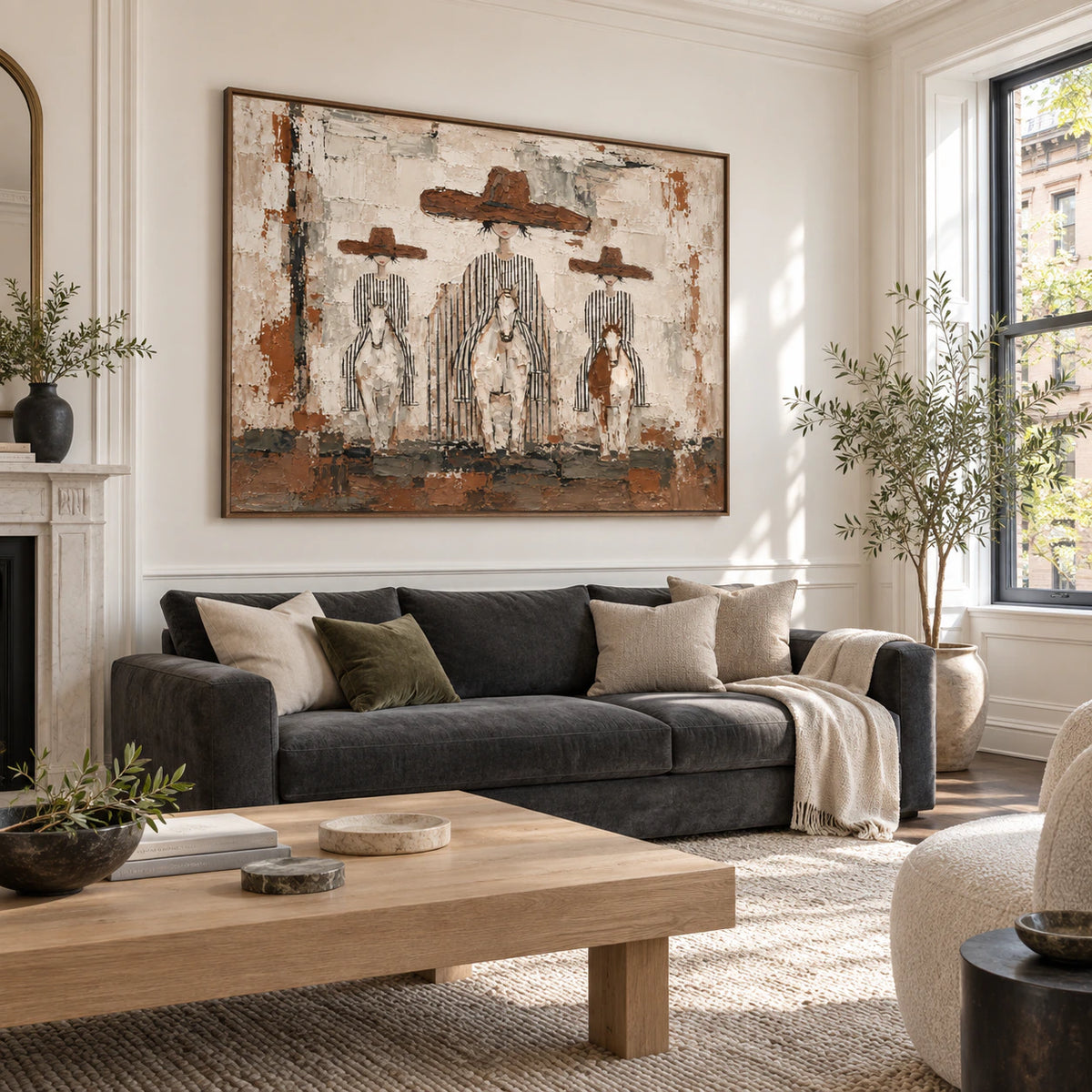 Textured riders and horses painting as the focal point of a bright contemporary living room.