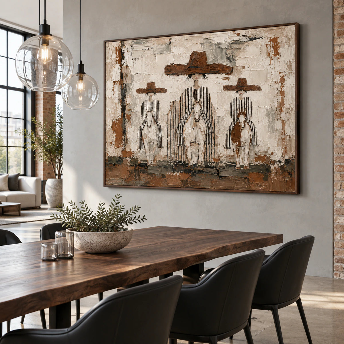 Textured figurative horse painting above a refined dining setting in natural daylight.
