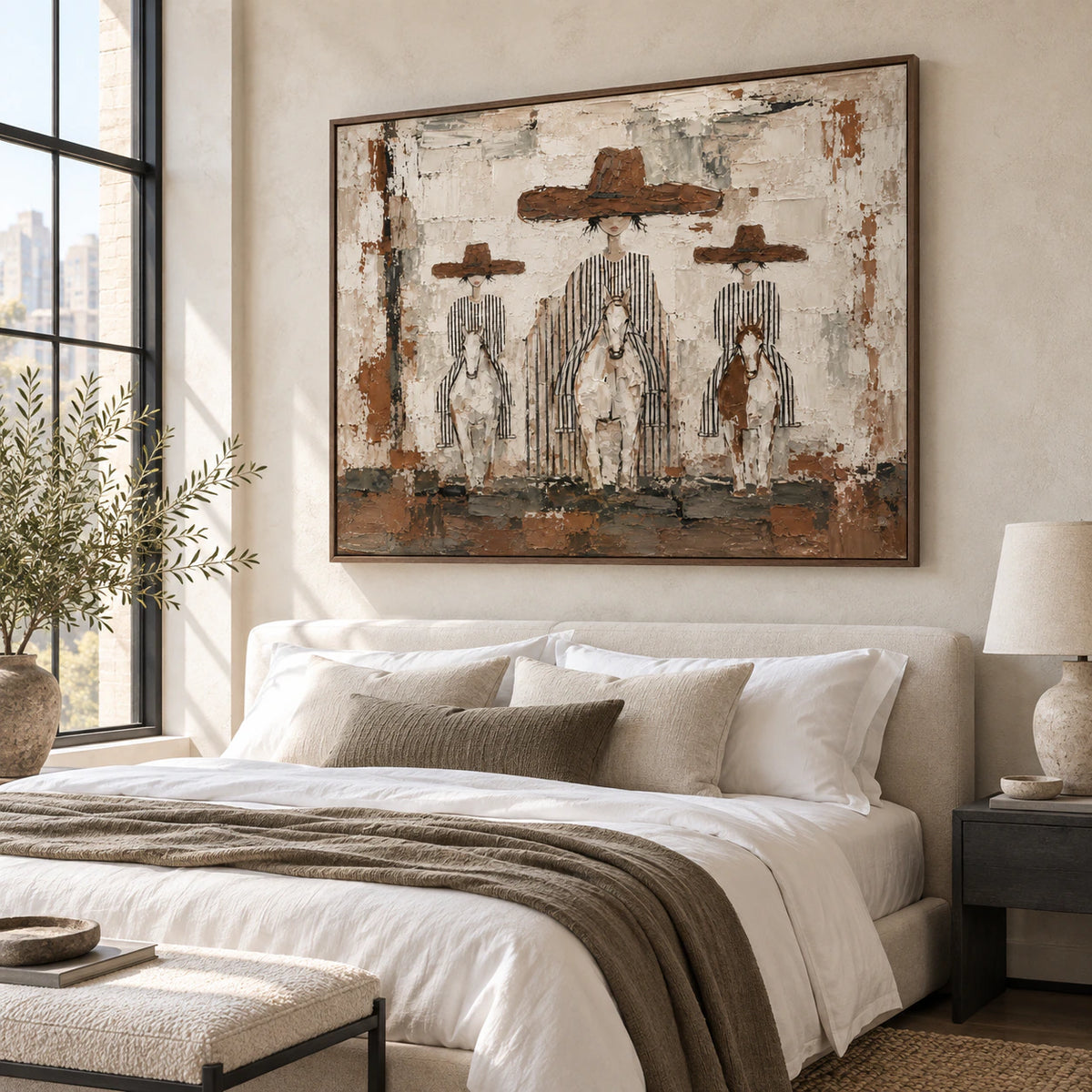 Textured riders and horses painting as a calm focal point in a quiet bedroom.