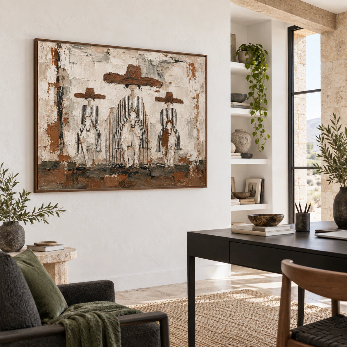 Textured figurative horse painting in an airy daylight reading and home-office space.