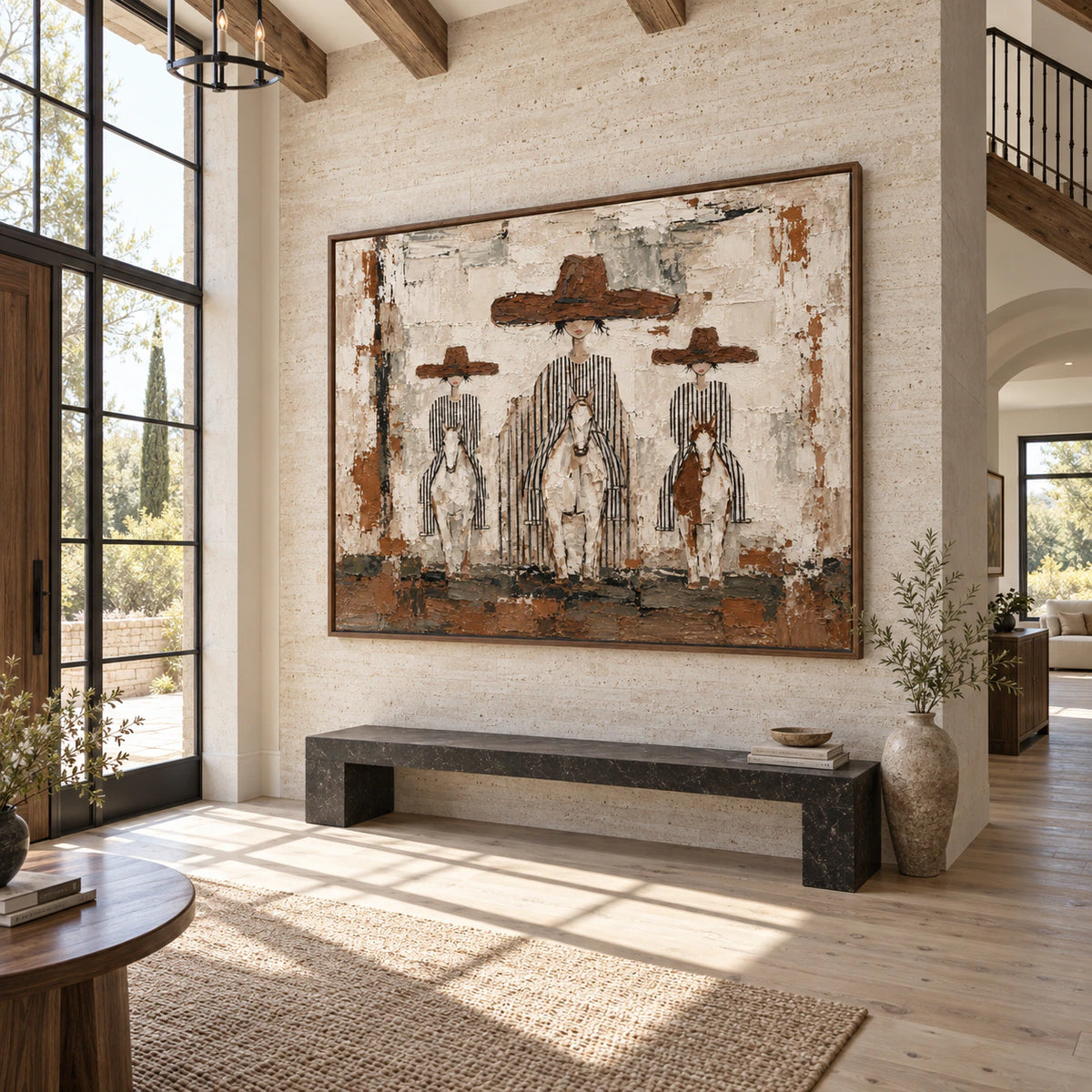 Large textured riders and horses painting in a gallery-scale daylight foyer.