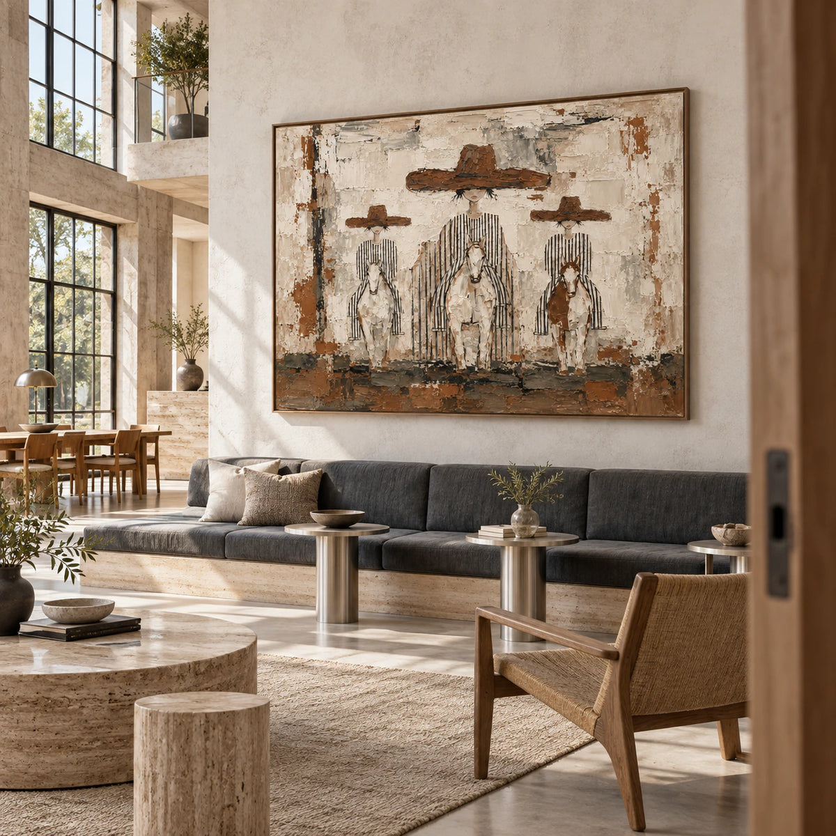 Textured figurative horse painting featured in an expansive sunlit loft hospitality interior.