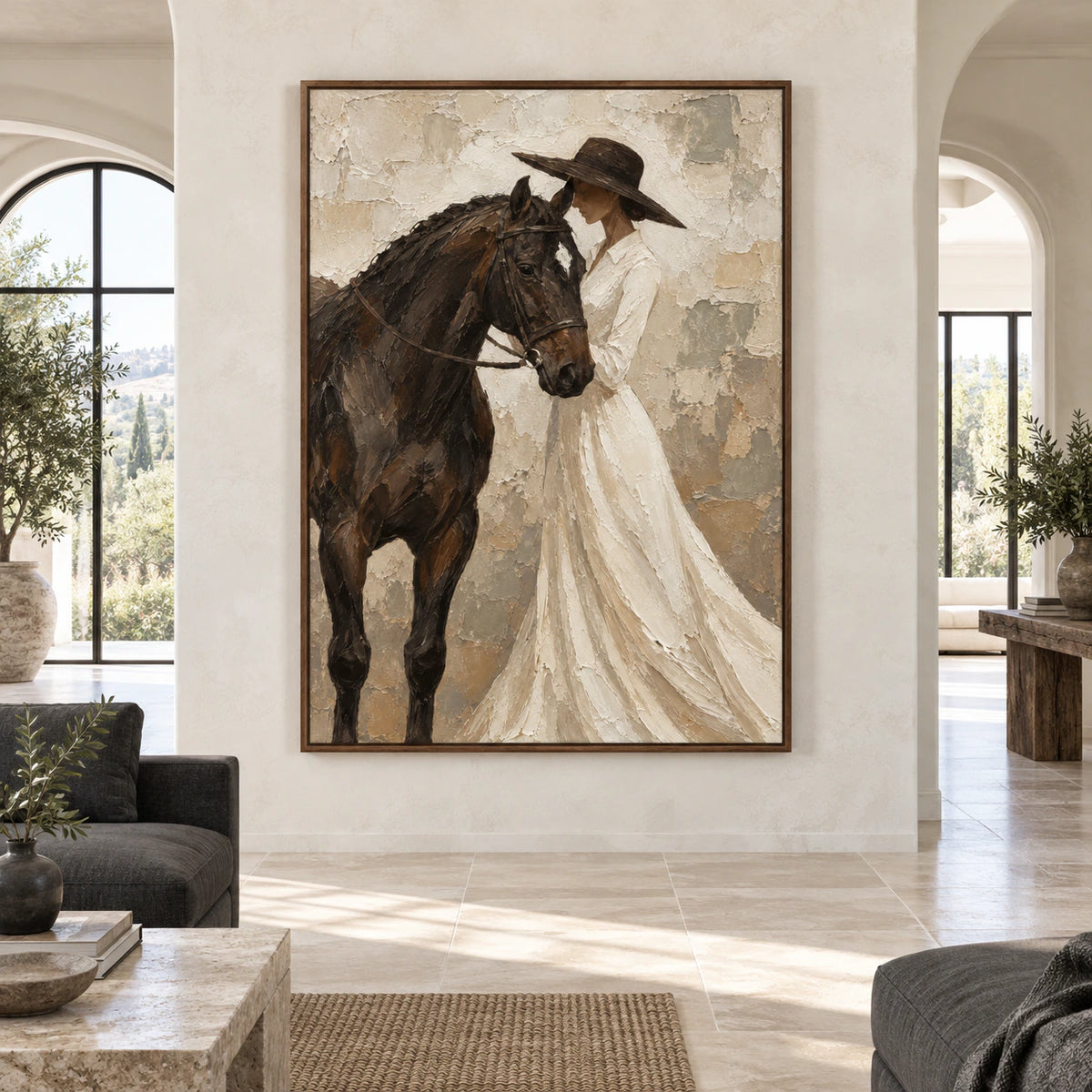 Large vertical horse and figure painting displayed straight-on in a bright, spacious architectural living room.