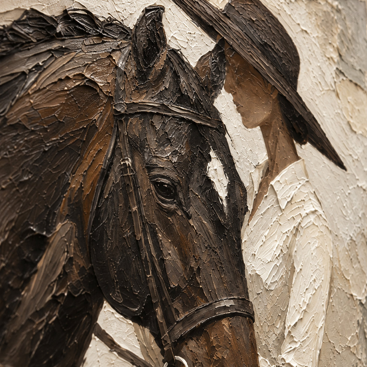 Bridle-Whisper oil painting brushwork and impasto detail photographed from an oblique side angle