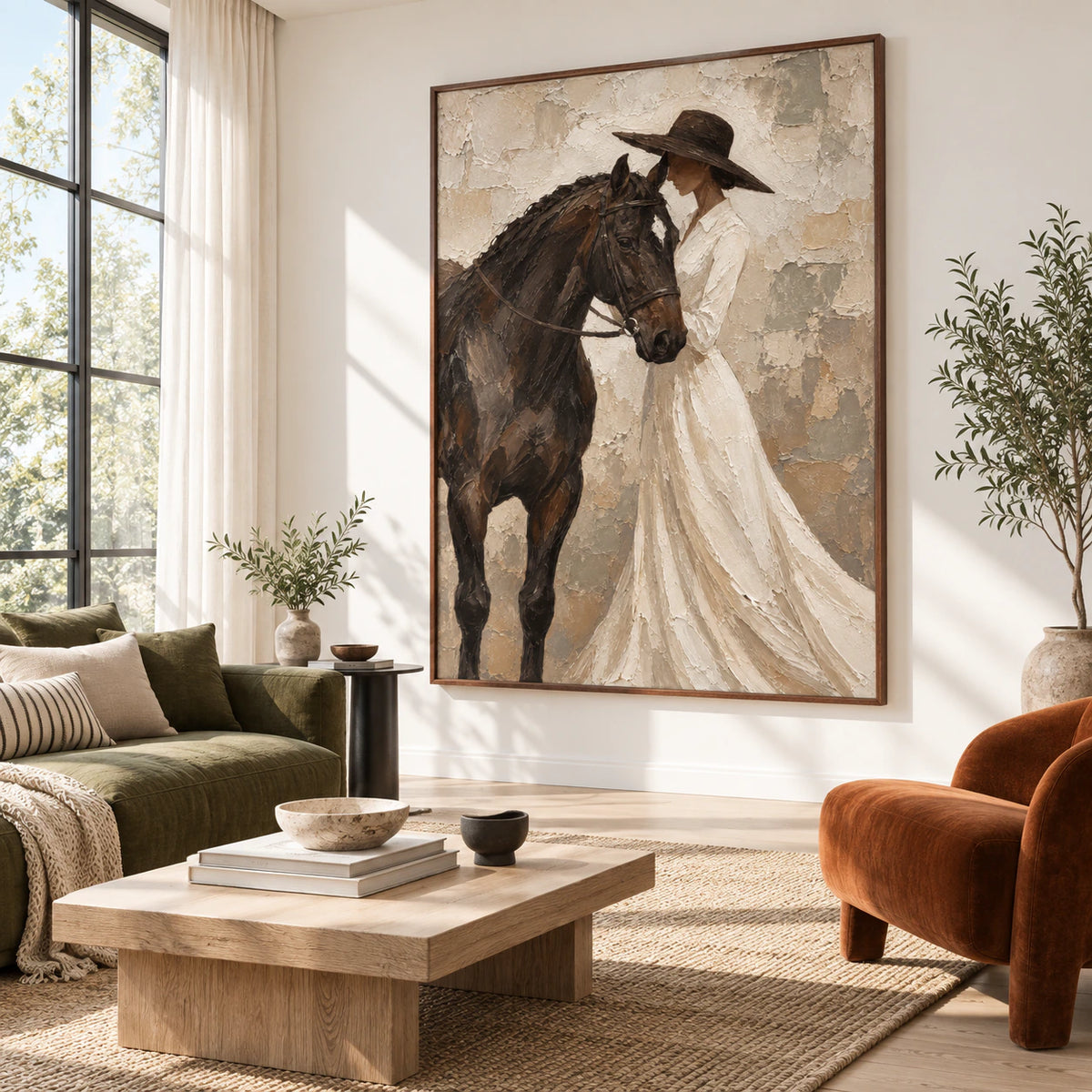 Vertical horse and figure painting as the focal point of a bright contemporary living room.