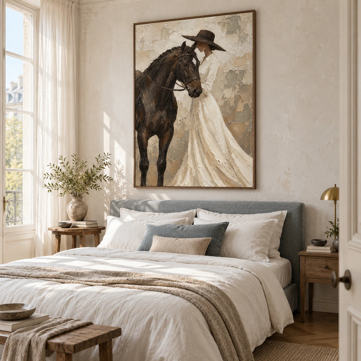 Vertical horse and figure painting in a quiet, light-filled bedroom.