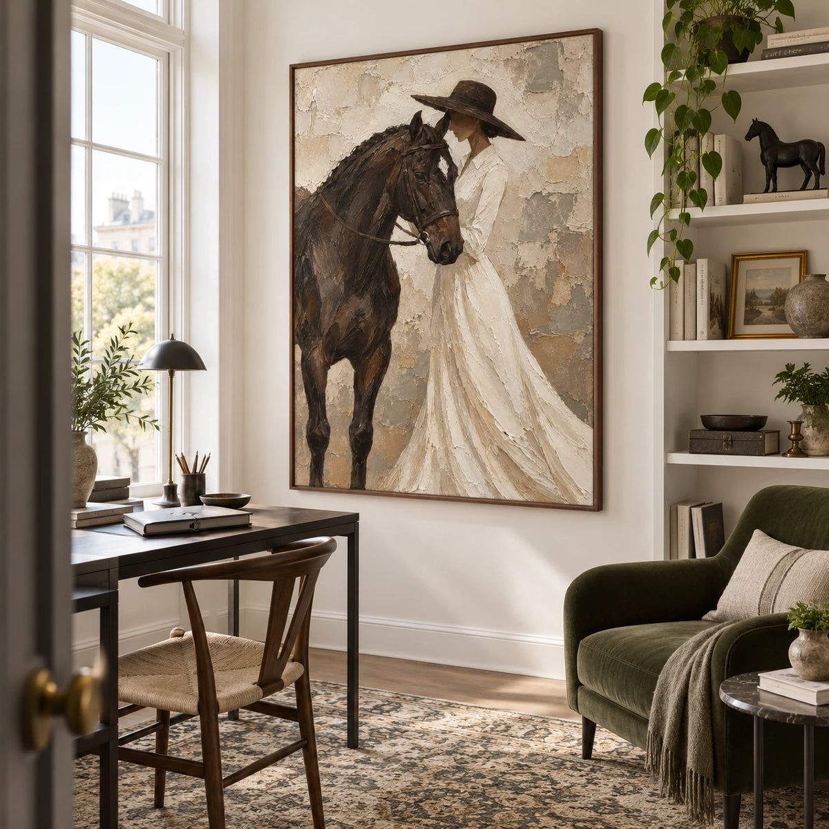 Horse and figure artwork anchoring an airy home office reading space.