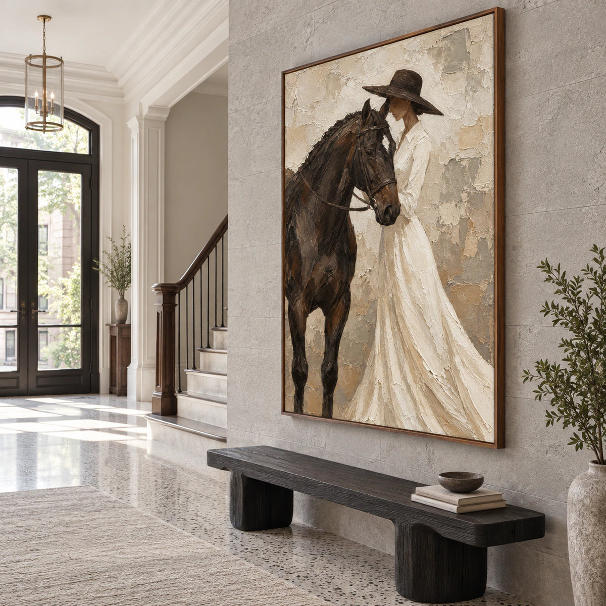 Large textured horse and figure painting in a gallery-scale daylight foyer.