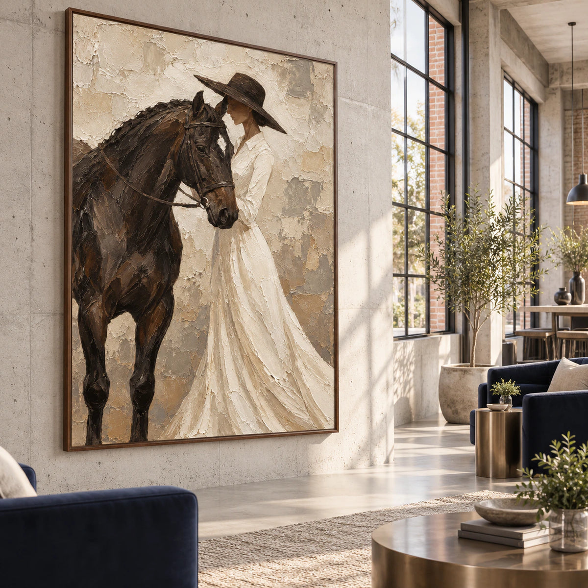 Vertical horse and figure painting as a prominent focal point in an expansive loft hospitality interior.