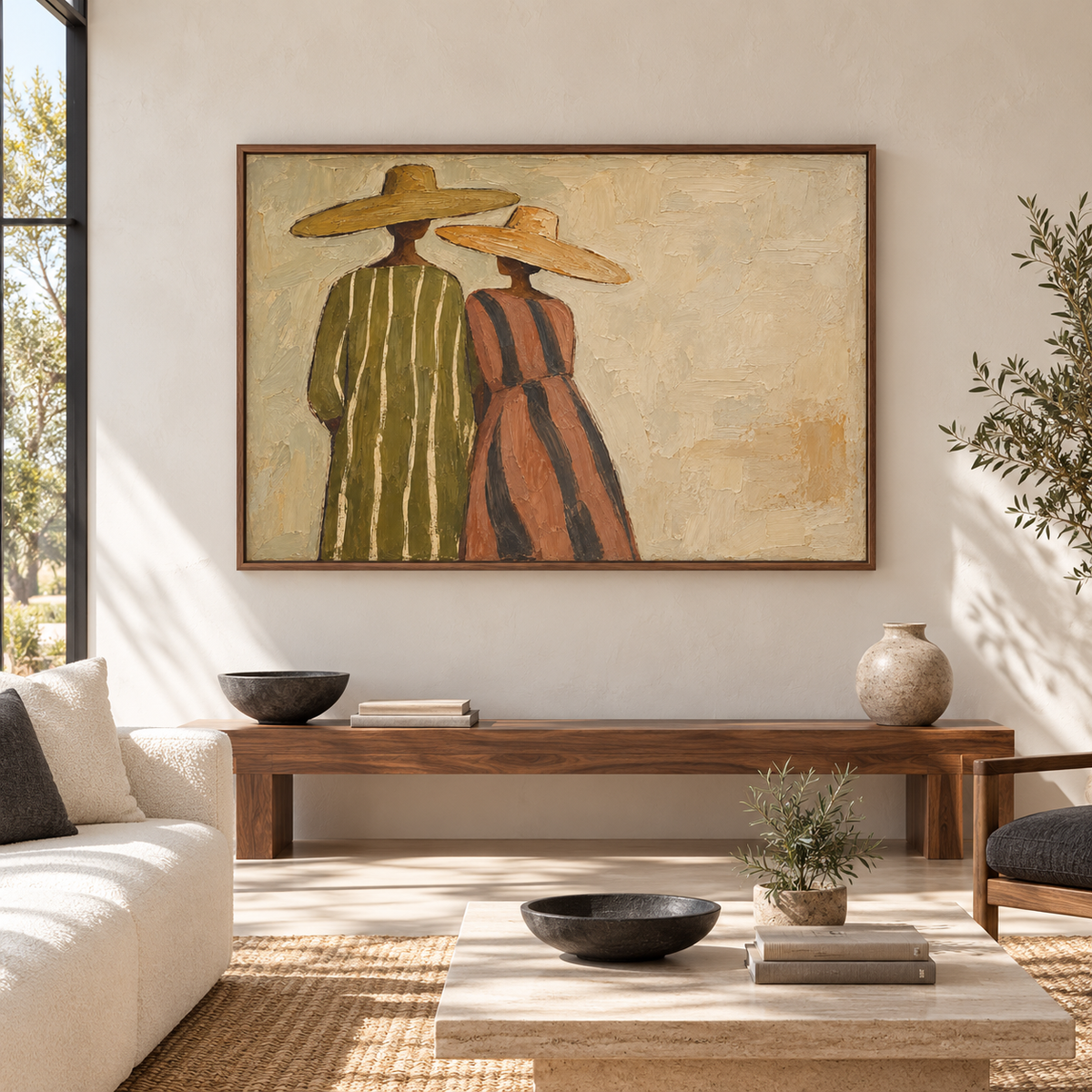 Large horizontal Brimmed-Kin painting displayed straight-on on a pale wall in a spacious, daylight-filled interior.