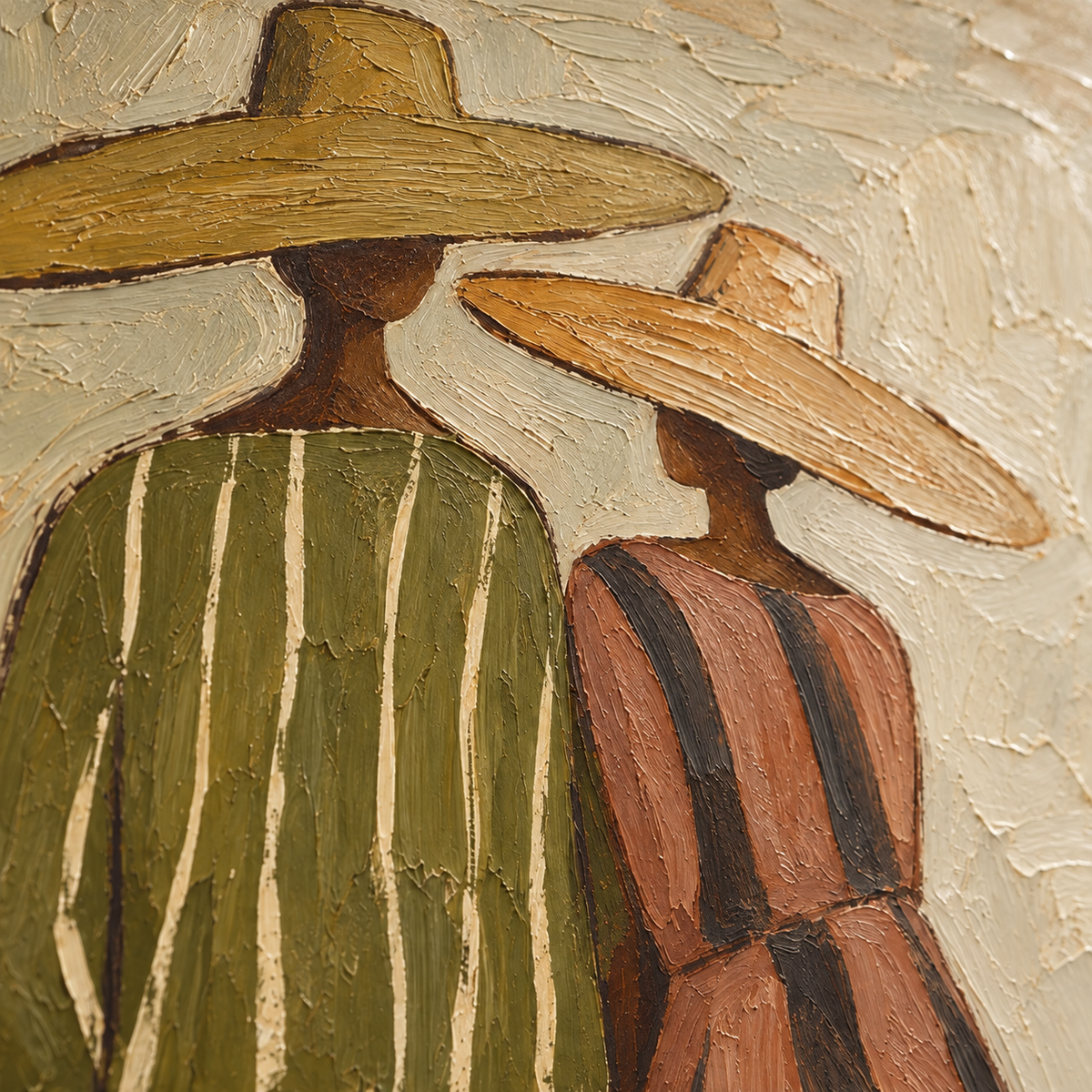 Brimmed-Kin oil painting brushwork and impasto detail photographed from an oblique side angle