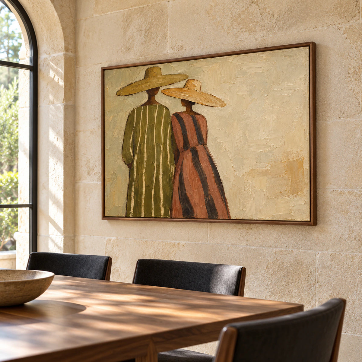 Brimmed-Kin painting anchoring a refined dining room with a walnut table, restrained dark chairs and soft daylight.