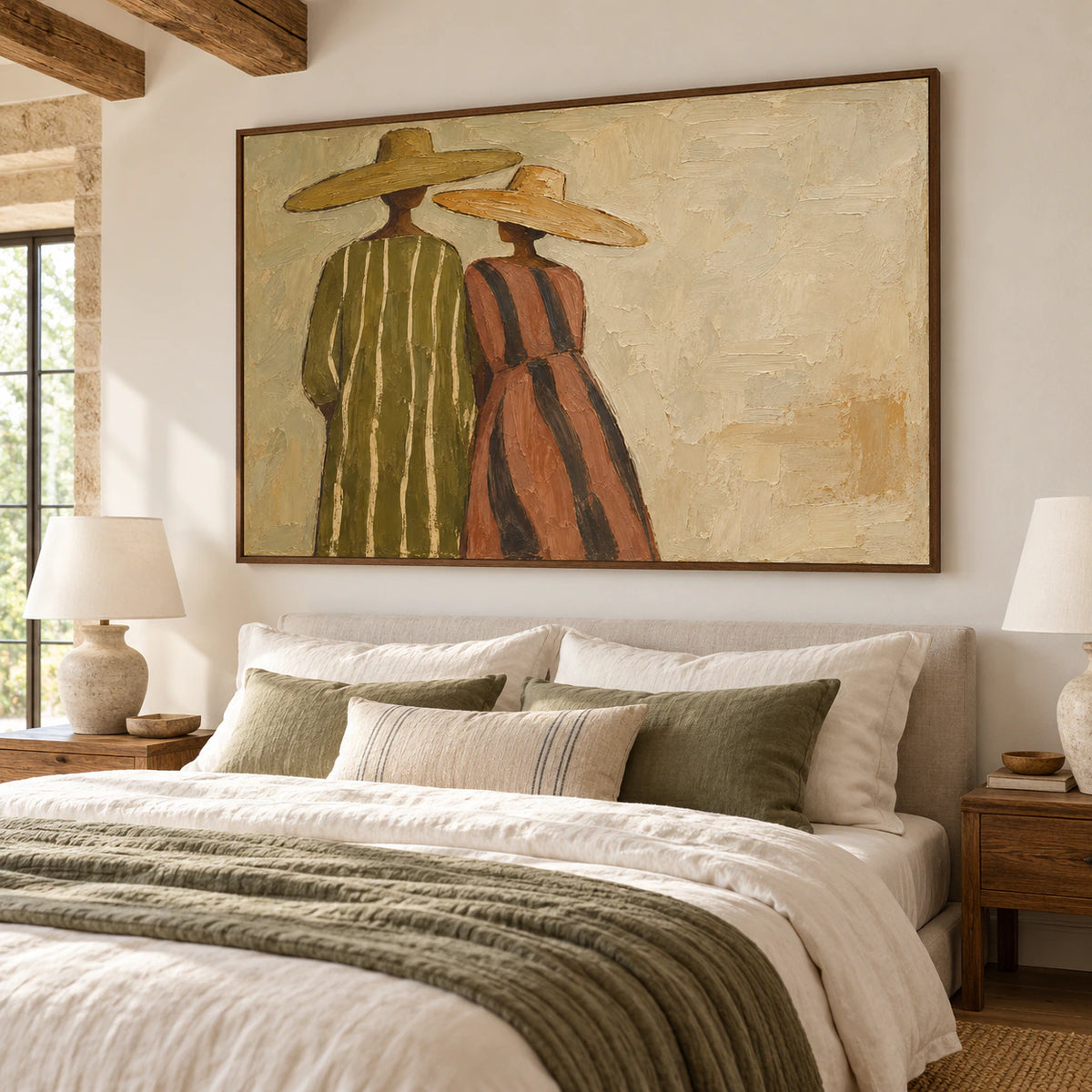 Brimmed-Kin painting above a low bed in a quiet, bright bedroom with crisp linen and muted wood furnishings.