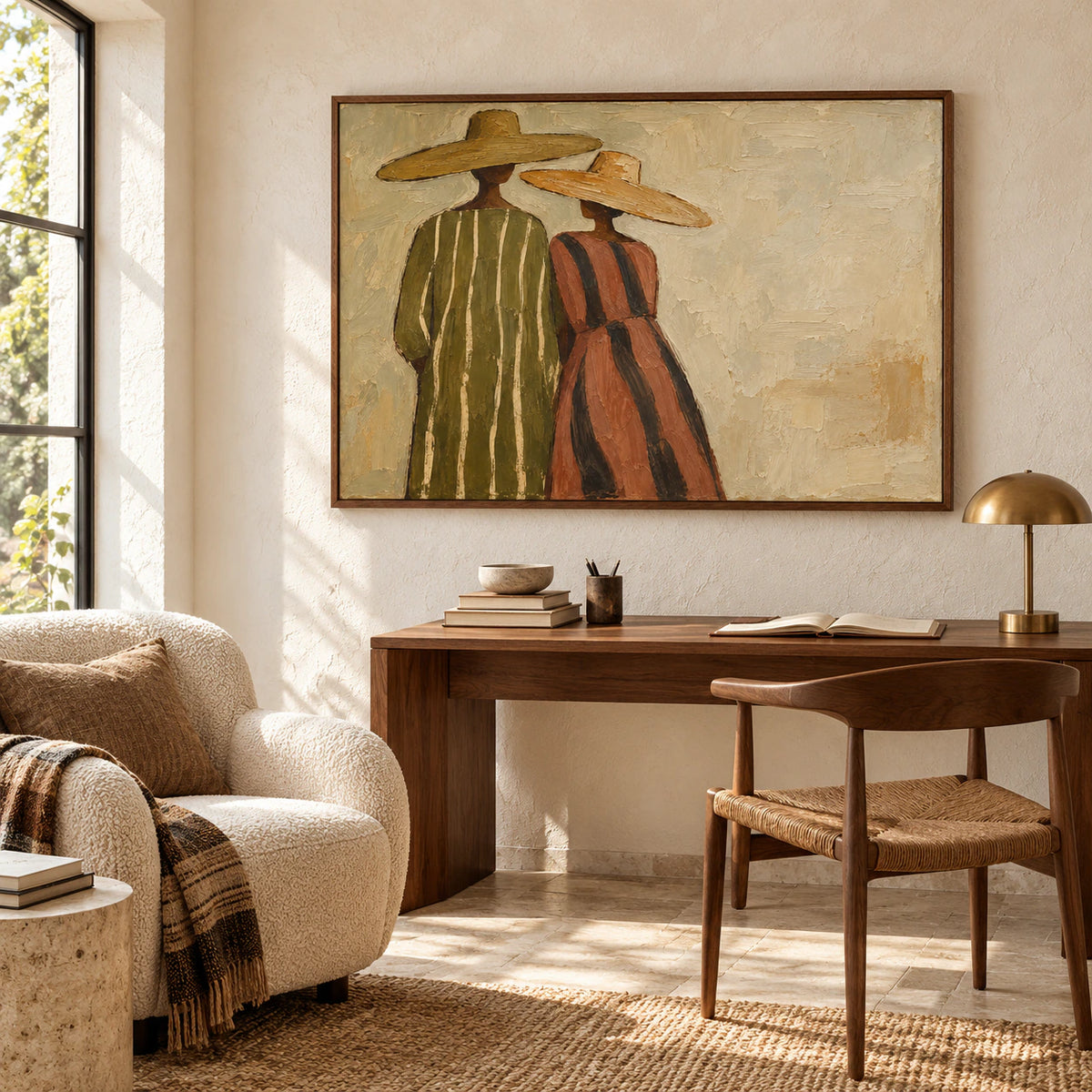 Brimmed-Kin painting above a writing desk in an airy home office with a side-window view and uncluttered furniture.