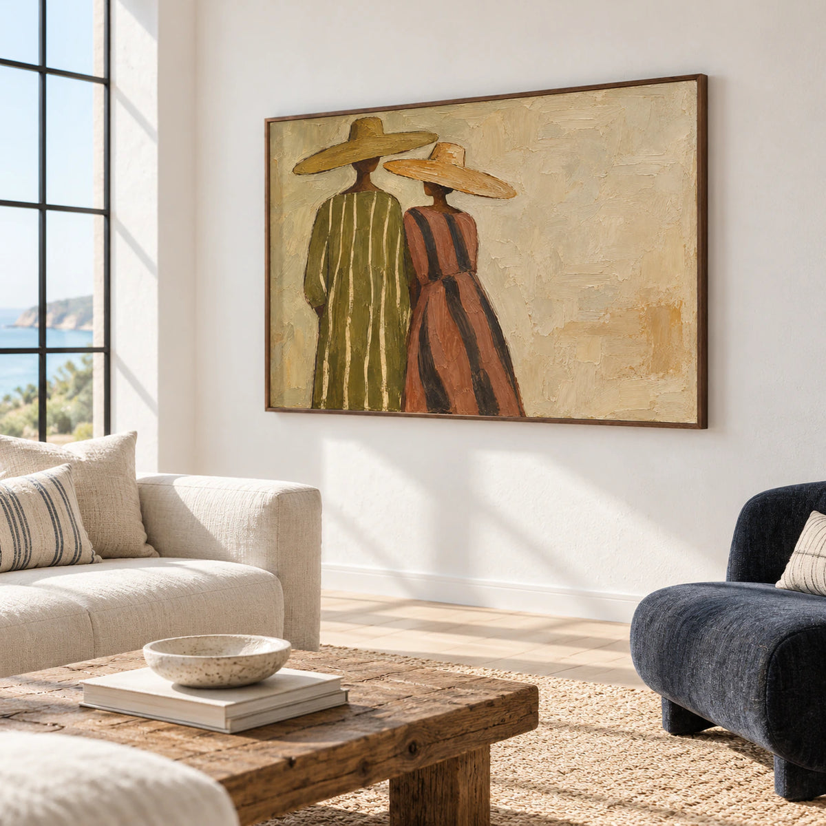 Brimmed-Kin painting commanding a sunlit loft hospitality space with broad windows, restrained furnishings and open volume.
