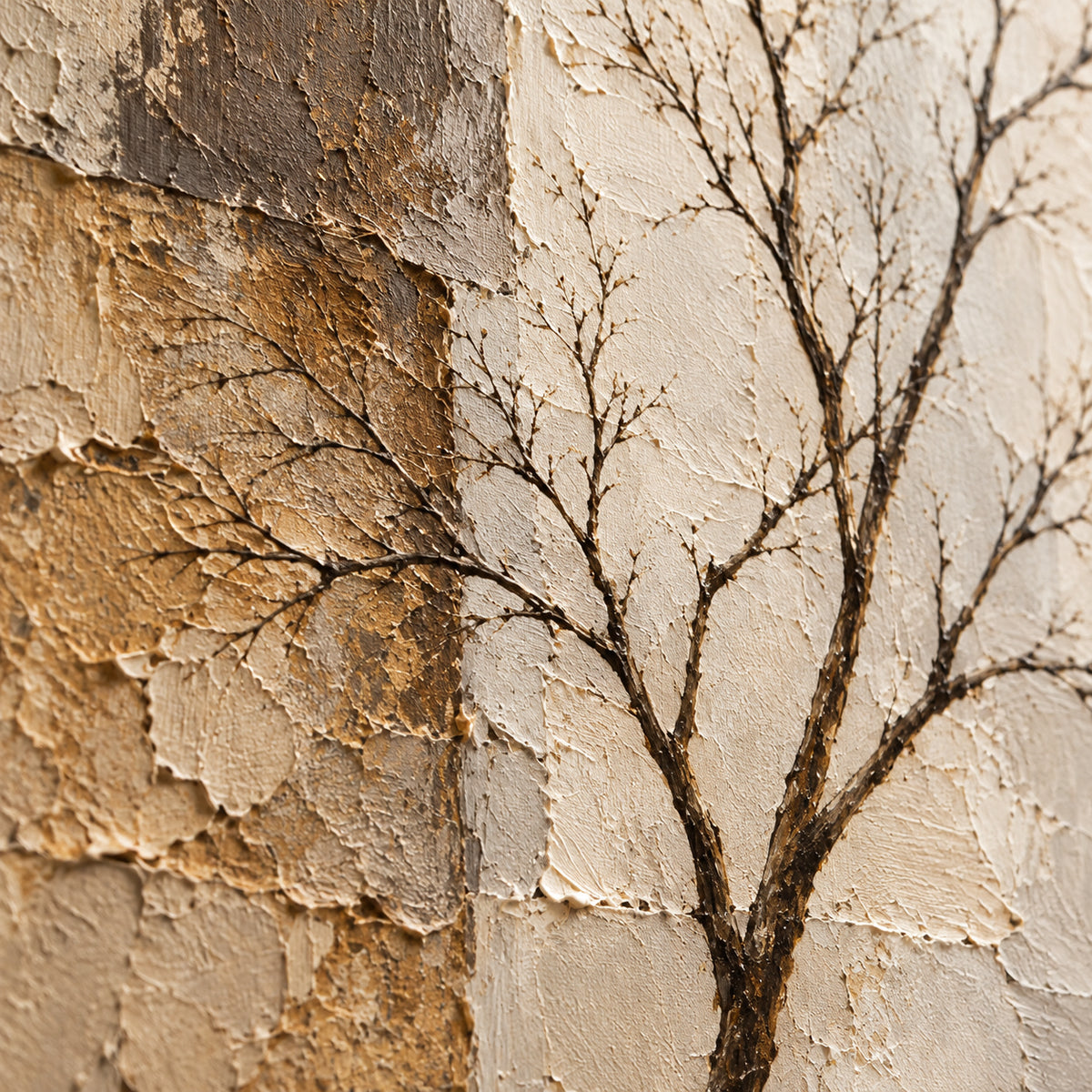 Square close-up of the painting surface from an oblique side angle, with grazing light revealing raised paint, fine texture and shallow shadows.