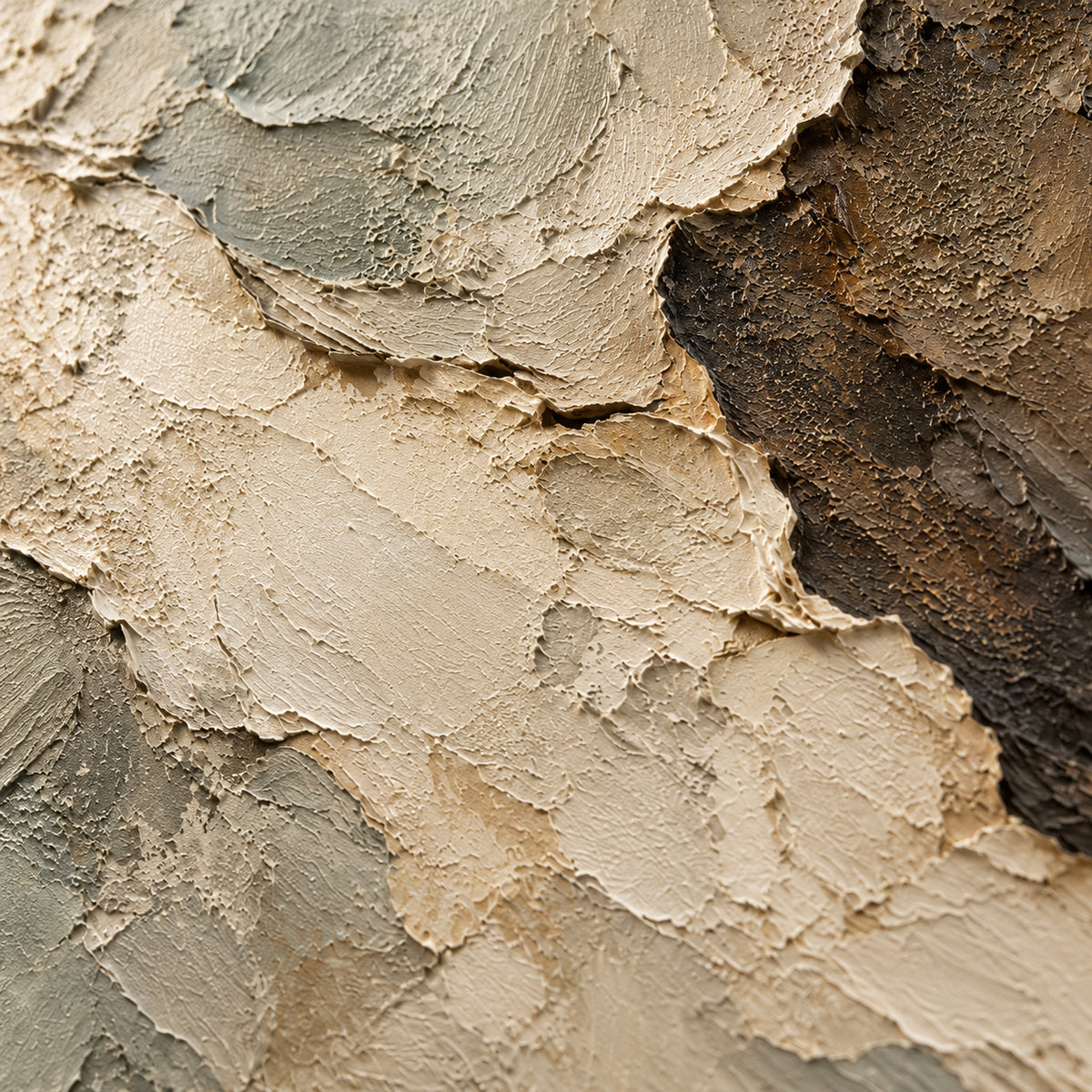 Oblique close-up of Calcified-Veil oil painting, with grazing light revealing raised paint, layered edges and shallow shadows.