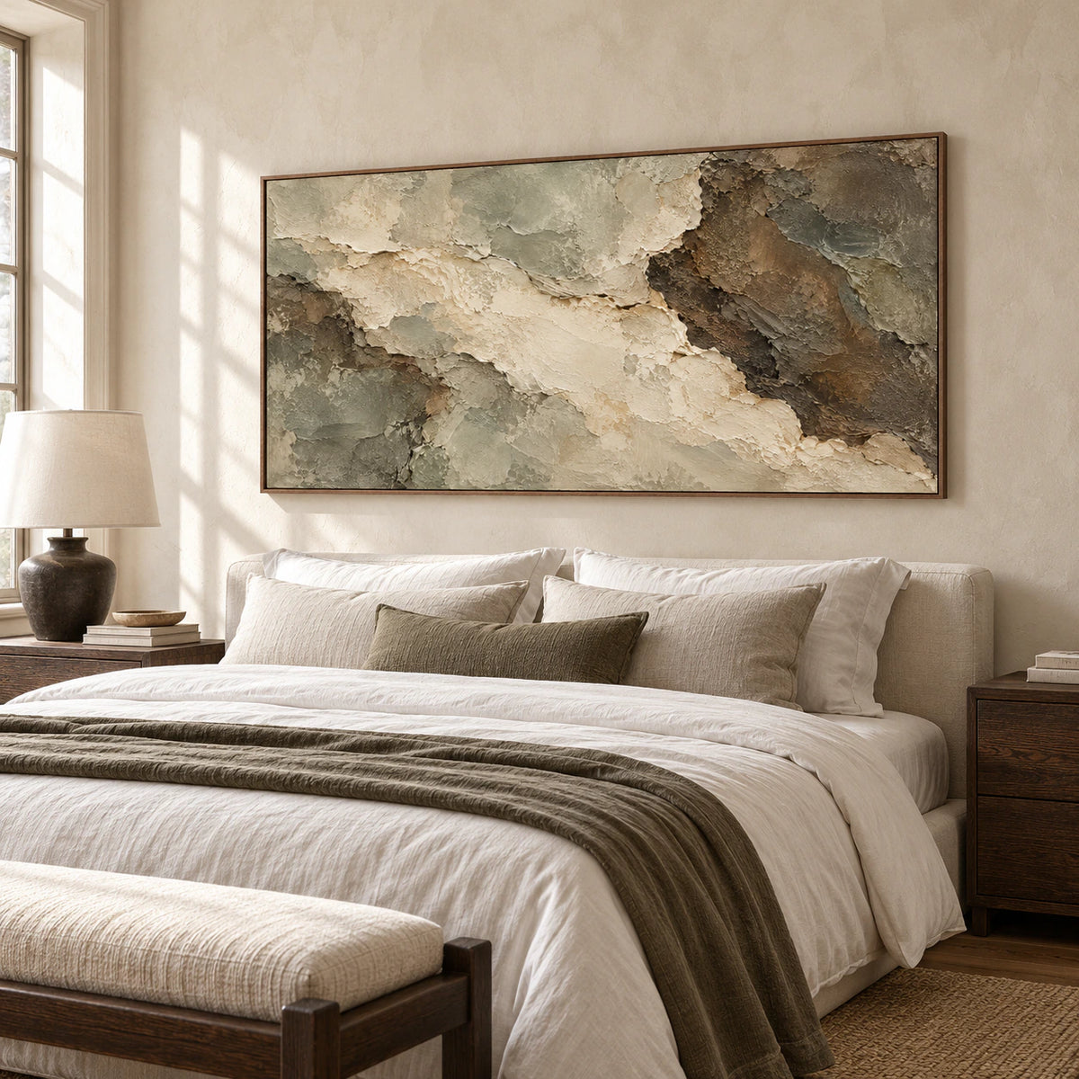 Left-oblique view of a wide textured abstract painting above a low bed with crisp white linen in a bright bedroom with pale walls.